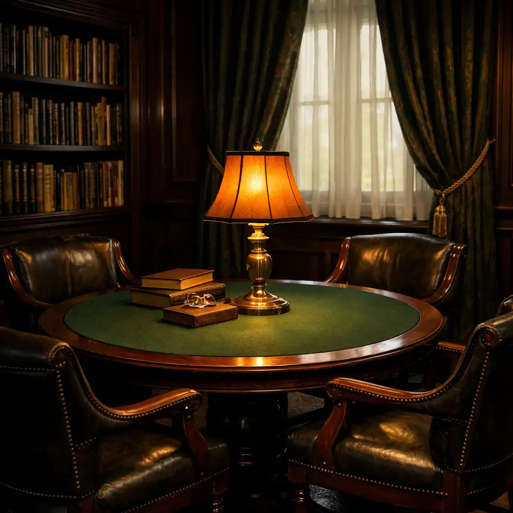 Biblioteka z ciemnymi regałami, okrągłym stołem i skórzanymi fotelami