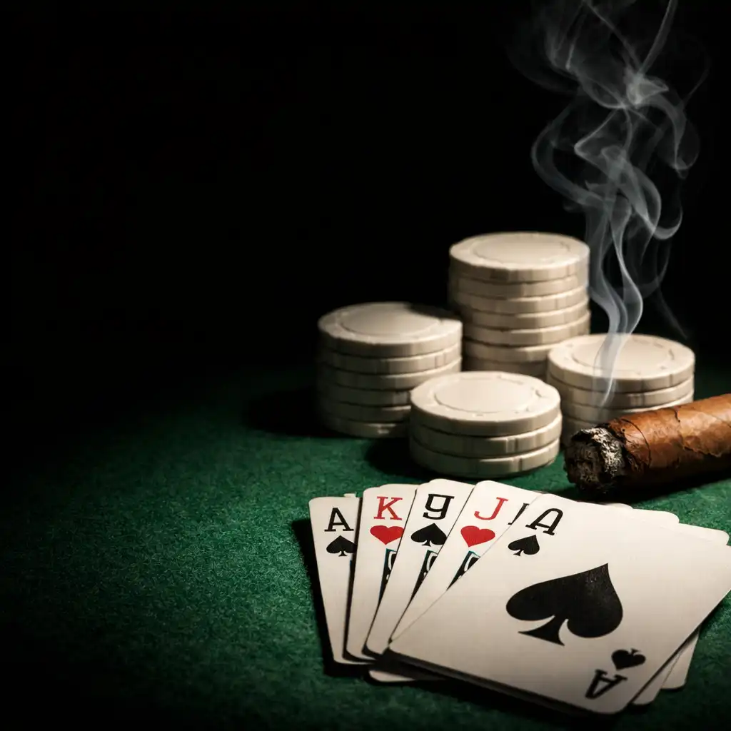 Detale stołu pokerowego: karty, żetony i cygaro na zielonym suknie