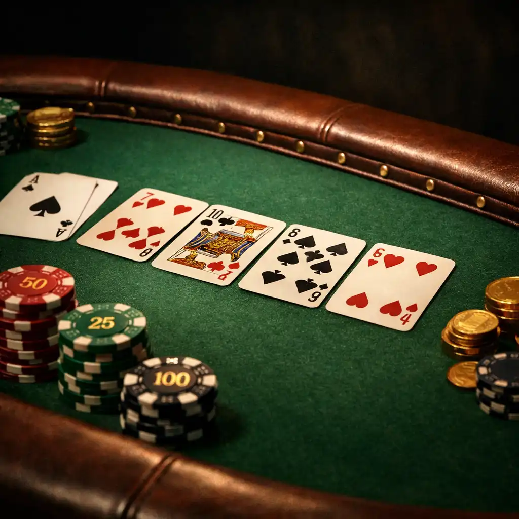 Detal stołu pokerowego z zielonym suknem, kartami i żetonami