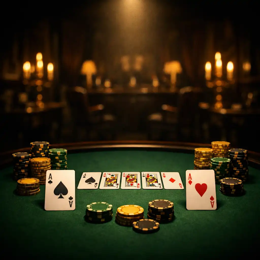 Stół pokerowy w blasku świec, z kartami i żetonami ułożonymi w idealnym porządku